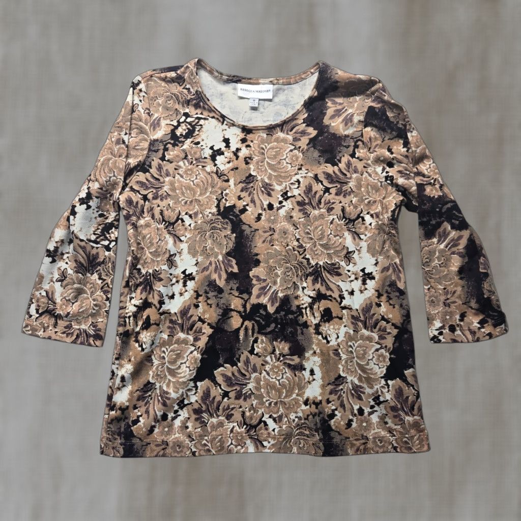Vintage Rebecca Malone Shirt Women S Small Brown Floral Stretch Top Short Sleeve Size S / US 4 / IT 40 - 1 Thumbnail
