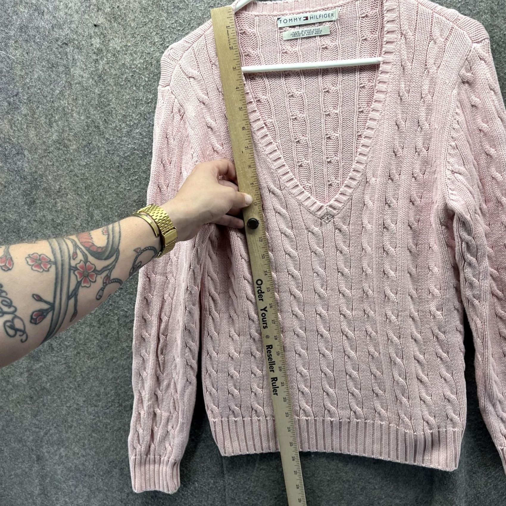 Tommy Hilfiger Tommy Hilfiger Sweater Womens Medium Pink Cable Knit V-Neck Pullover Cotton Size M / US 6-8 / IT 42-44 - 6 Thumbnail
