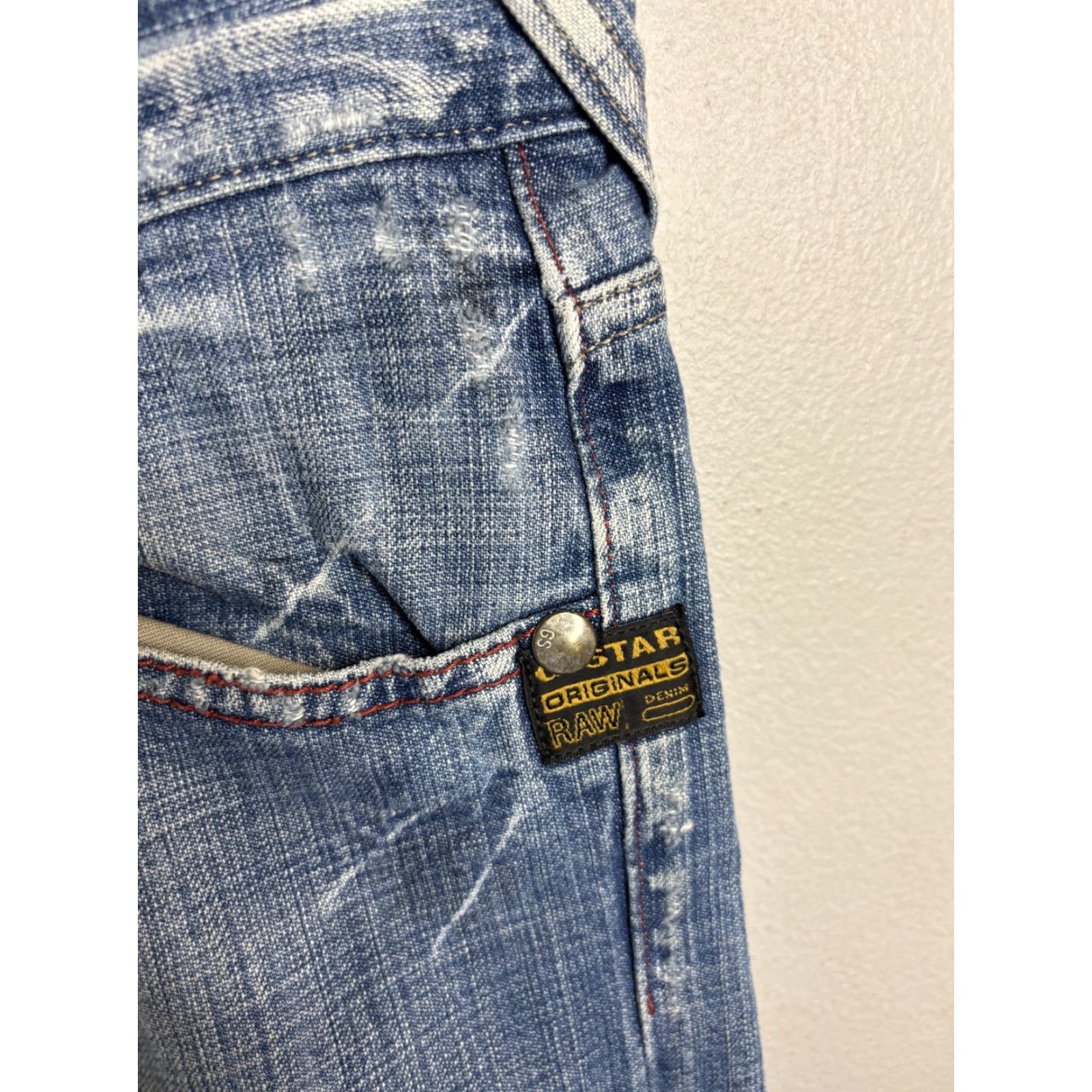 Vintage G-Star RAW Jeans Mens 33x34 Blue Distressed Straight Leg Denim Red Stitching Jeans Size US 33 - 3 Thumbnail