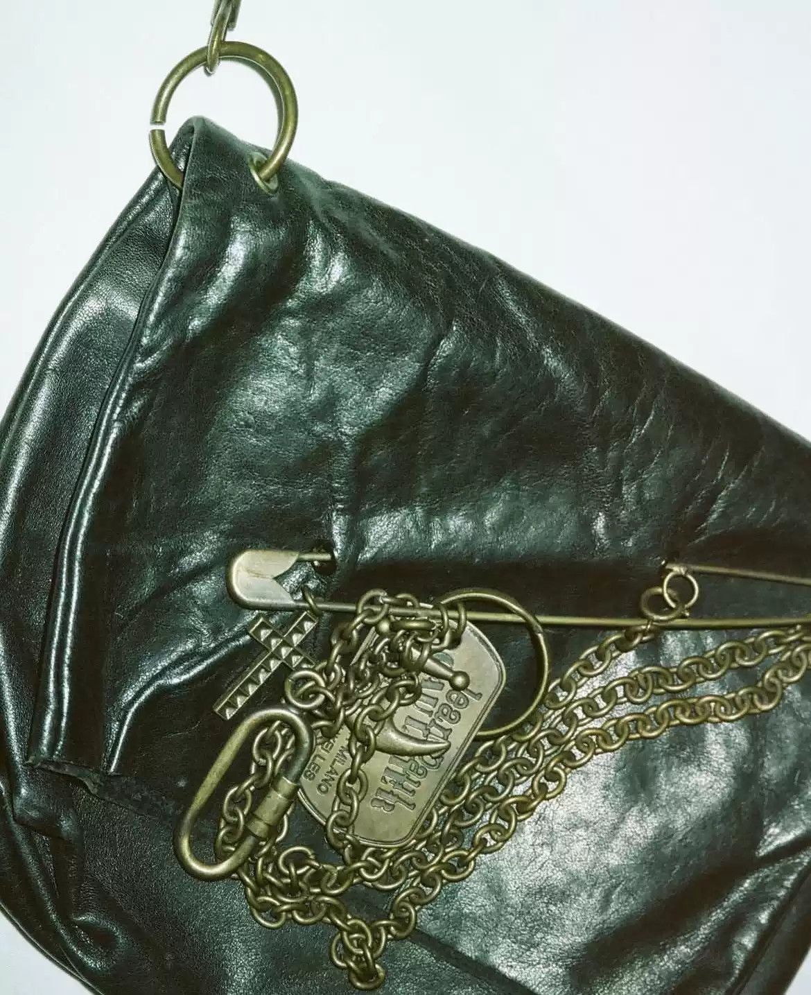 Jean Paul Gaultier Jean Paul Gaultie Pin Trim Leather Chain Crossbody Bag-2505 in Black, Men's