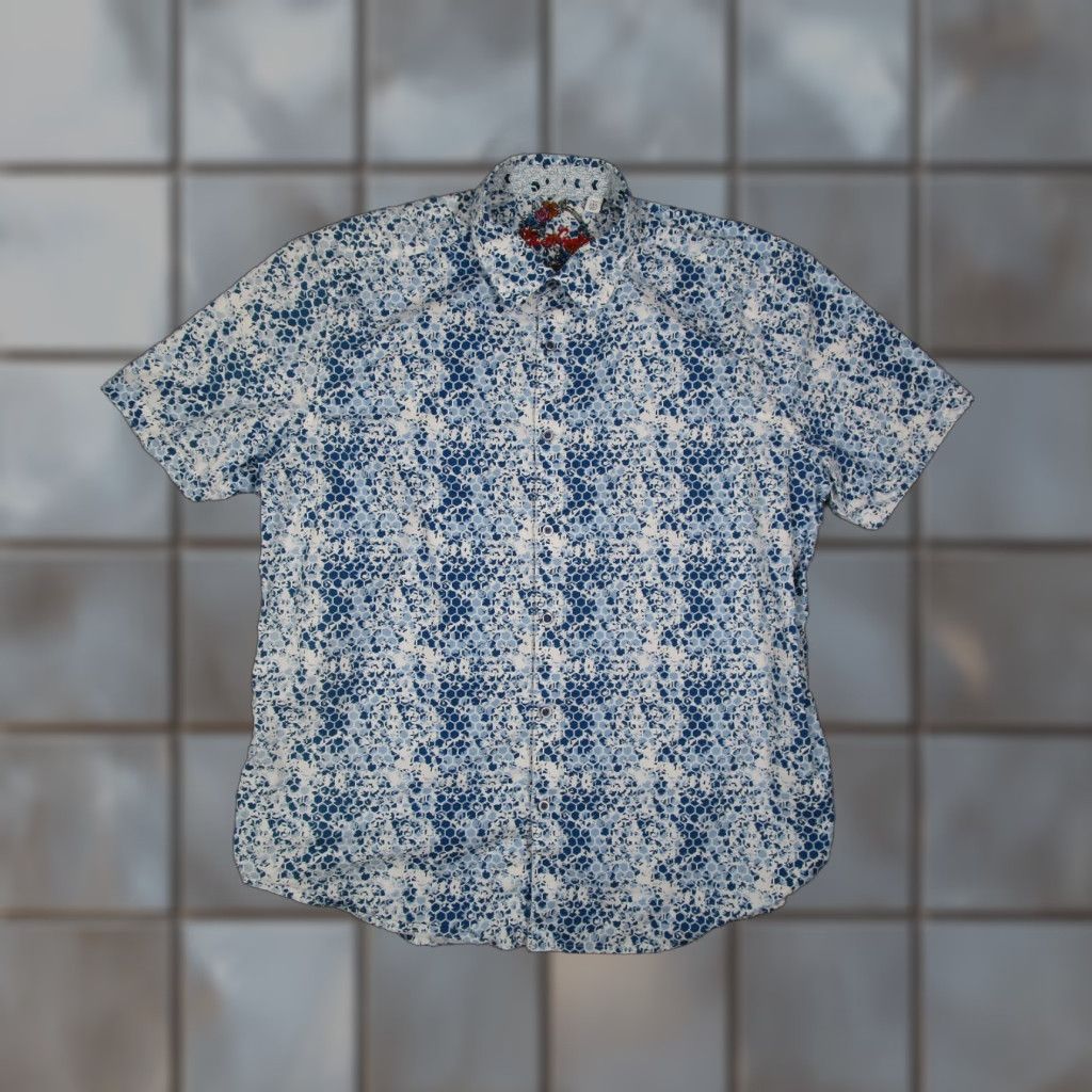 Robert Graham Robert Graham Shirt Mens 2XL Blue AOP Abstract Button Up Short Sleeve Classic Fit Geometric Twill Cotton Blend Button Logo Size US XXL / EU 58 / 5 - 1 Thumbnail