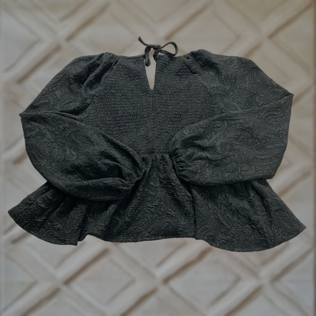 Vintage Ava & Viv Blouse Top Womens XL Black Balloon Long Sleeve Smocked Peplum Textured Knit Polyester Spandex Regular Shirt Ladies Womens Blouse Size XL / US 12-14 / IT 48-50 - 1 Thumbnail