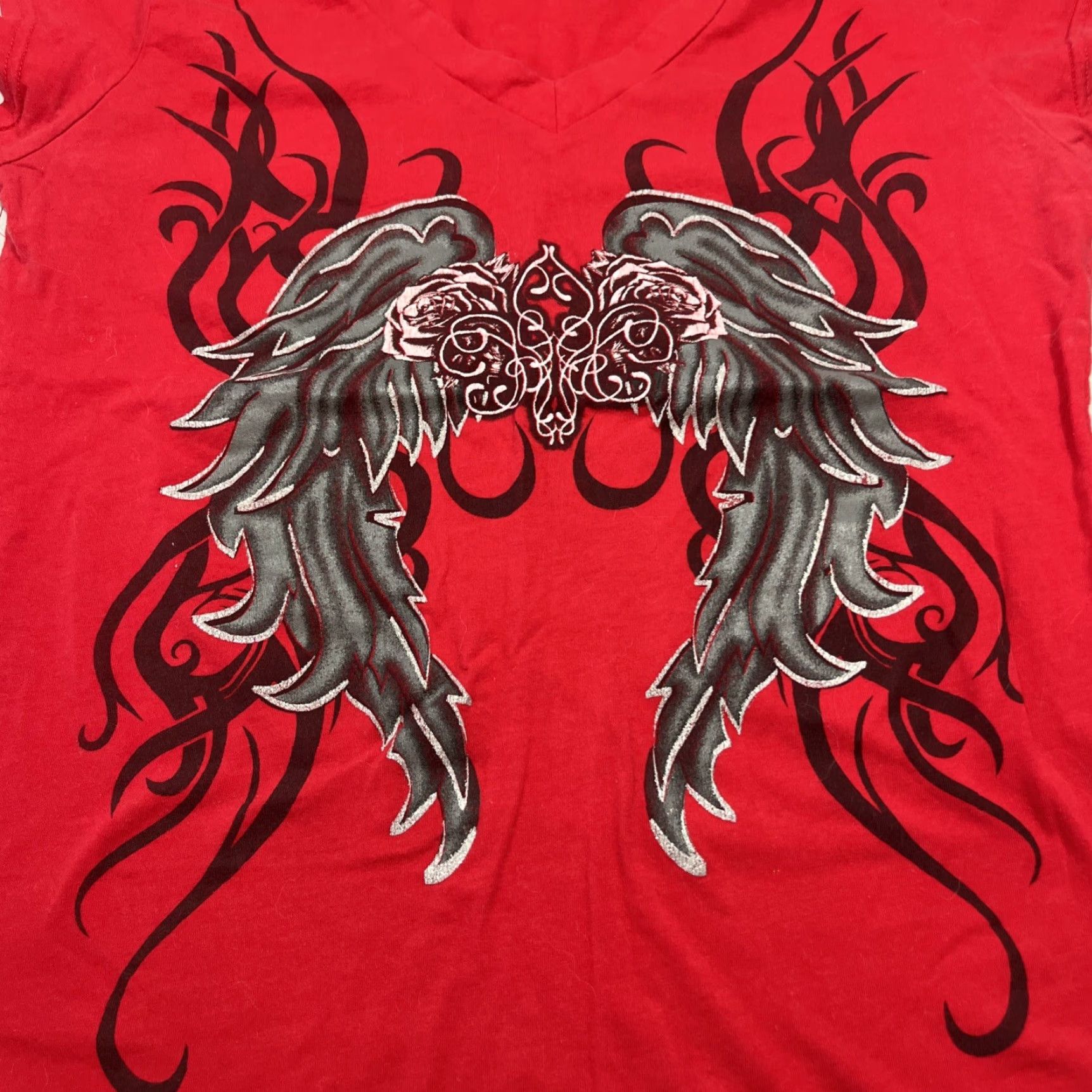 Vintage VINTAGE DOTS RED V Neck GOTHIC BIKER T Shirt Black ANGEL Wings Silver Sparkle Emo Y2K Lg Size L / US 10 / IT 46 - 3 Thumbnail