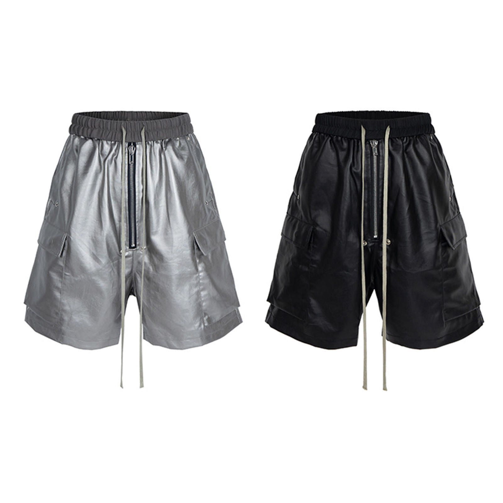 Japanese Brand Black Faux Leather Cargo Shorts with Zipper Detail Size US 32 / EU 48 - 5 Thumbnail