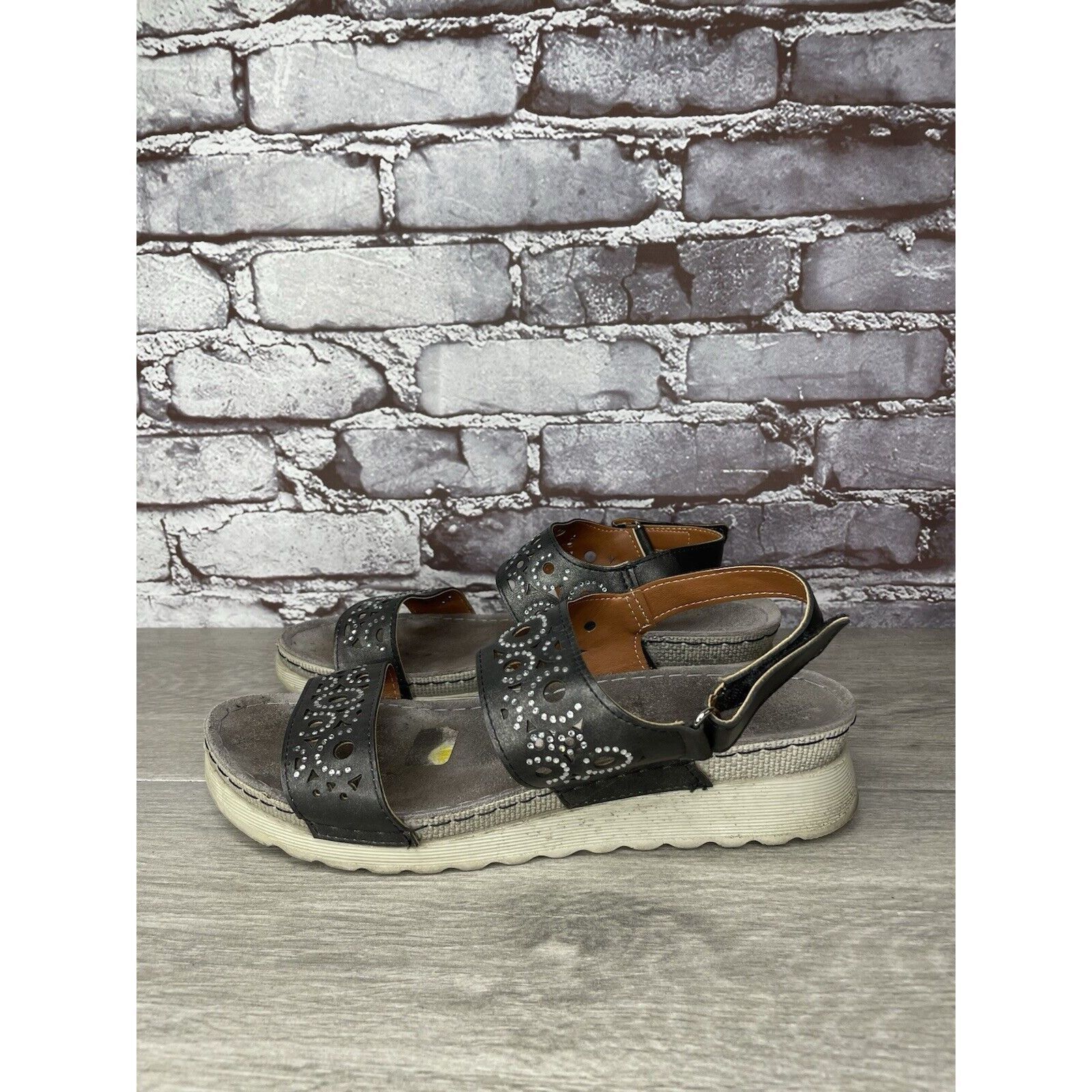 Call It Spring Flexus Spring Step Anatomic Black Leather Rhinestone Strap S Size US 10 / IT 40 - 7 Thumbnail