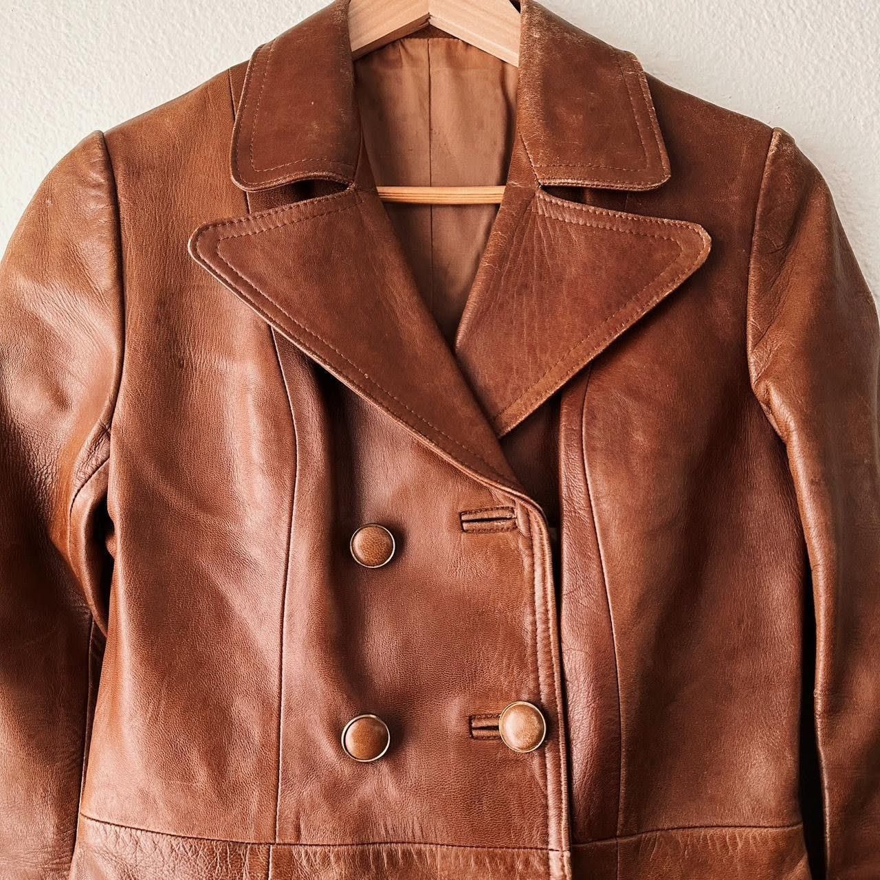 Vintage 1970s 70s TRUE Vintage Horsehide Leather Officer Biker Coat Size S / US 4 / IT 40 - 2 Thumbnail