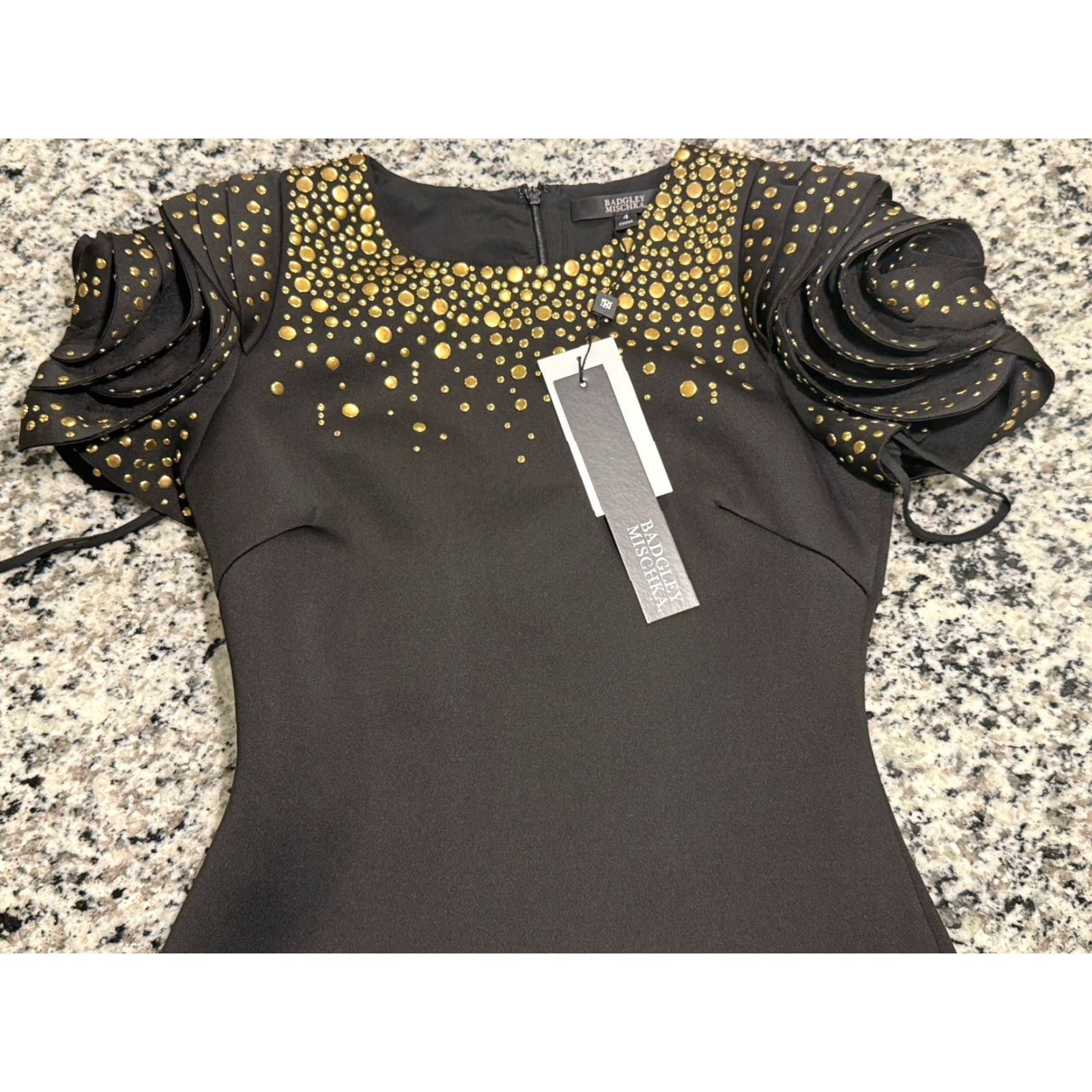 Badgley Mischka Badgley Mischka Dress Woman Black Scuba Studded Rosette-Sleeve Knee Length Size 4 NWT Size S / US 4 / IT 40 - 4 Thumbnail