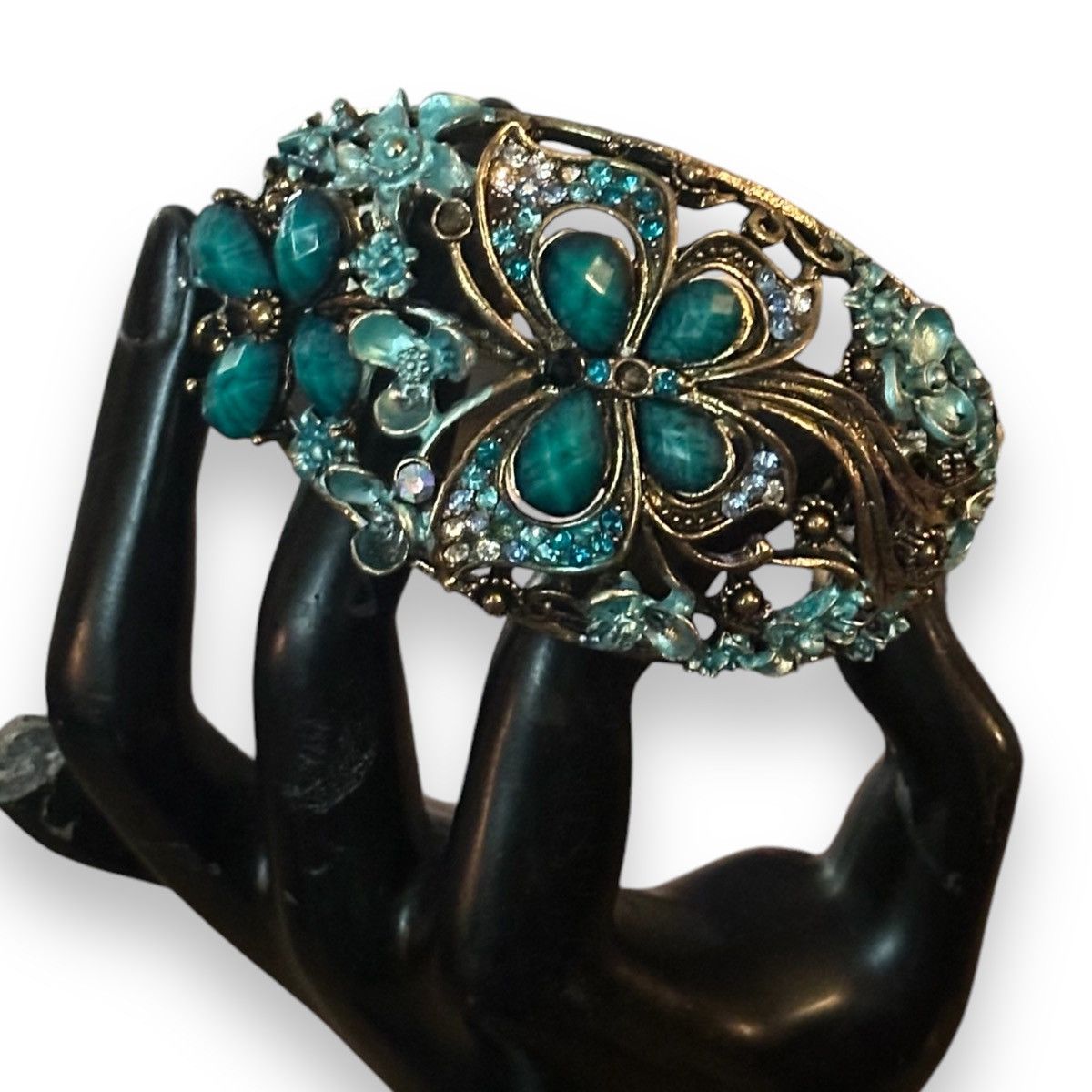 Vintage Vintage teal flowers and butterfly wide hinged bracelet Size ONE SIZE - 2 Thumbnail