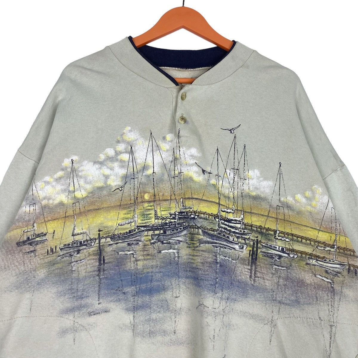 Designer × Vintage Sailboat Sunset Half Button Sweatshirt Pullover Jumper Size US XL / EU 56 / 4 - 2 Thumbnail