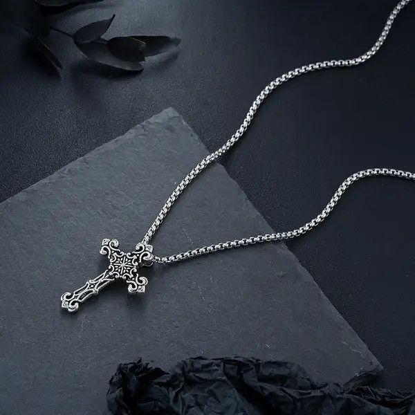 Jewelry Silver Ornate Cross Pendant Necklace, Men's Chain Necklace Size ONE SIZE - 5 Thumbnail