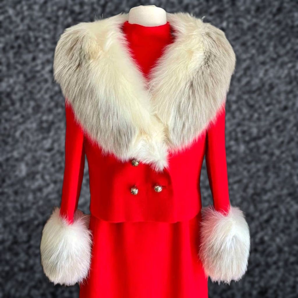 Vintage VINTAGE 60's Bert Schroeder Red Dress & Jacket Suit Fox Fur Trim Wool 100% Size M/L Women/Mens Cocktail Vintage 1960s Sheath Size M / US 6-8 / IT 42-44 - 1 Thumbnail