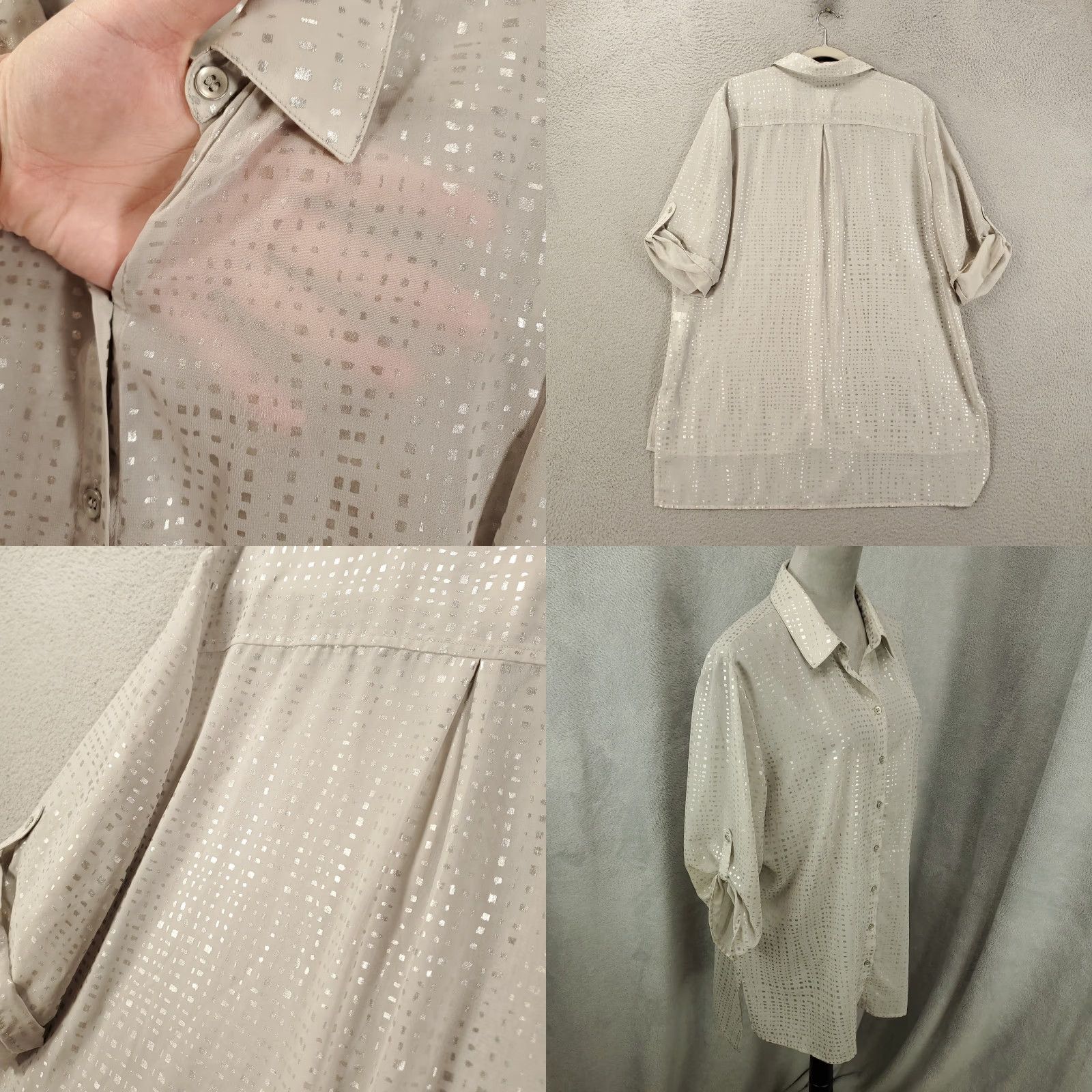Vintage Chicos Blouse Shirt Womens XL Button Up Geometric Silver Gray Sequin Lightweight Sheer Classic/Fitted Sleeve Button Size XL / US 12-14 / IT 48-50 - 8 Thumbnail