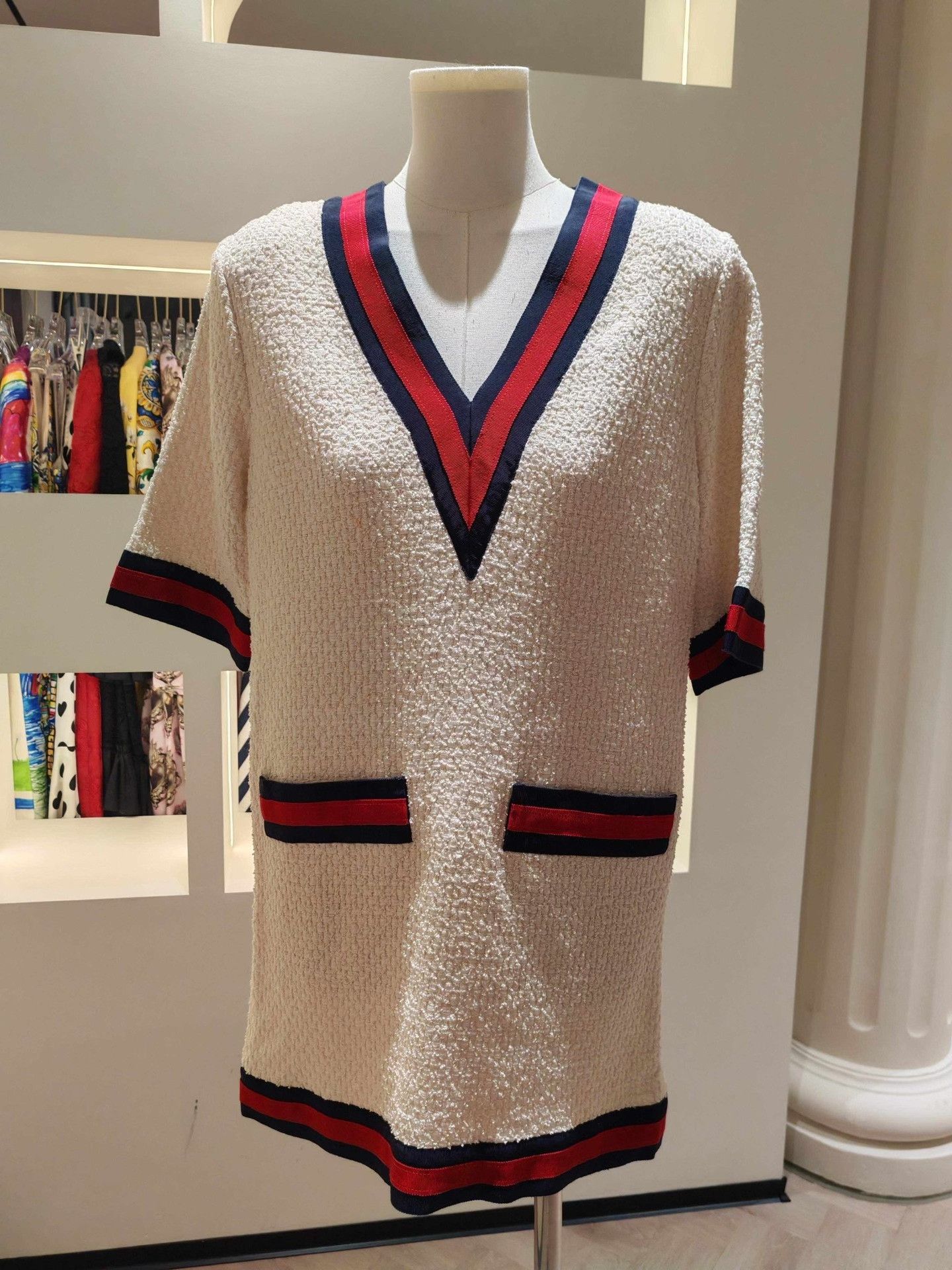 Gucci Gucci Beige Striped V-Neck Dress Size S / US 4 / IT 40 - 1 Thumbnail