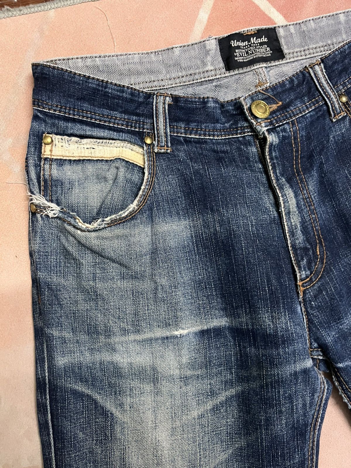 Japanese Brand Evil Number Japan union made distressed big e type fabric Size US 33 - 8 Thumbnail