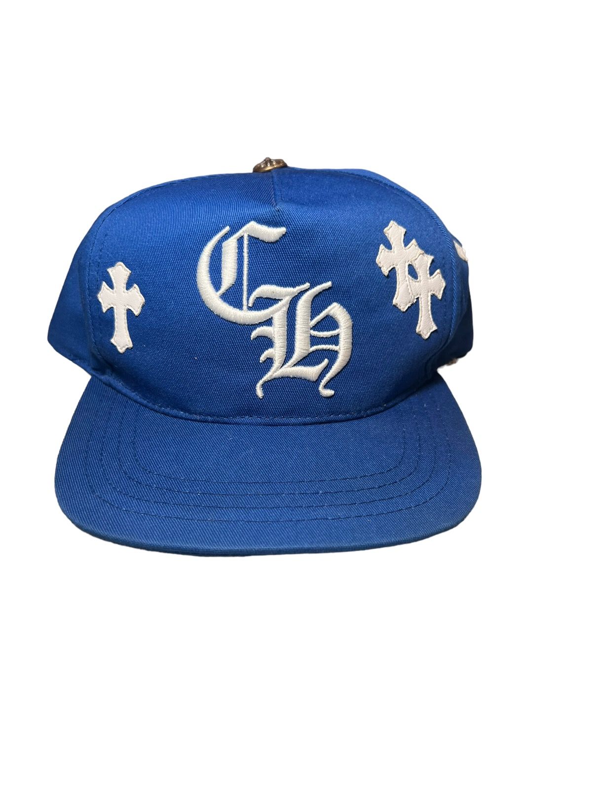 Pre-owned Chrome Hearts Leather Cross Patch Snapback In Blue