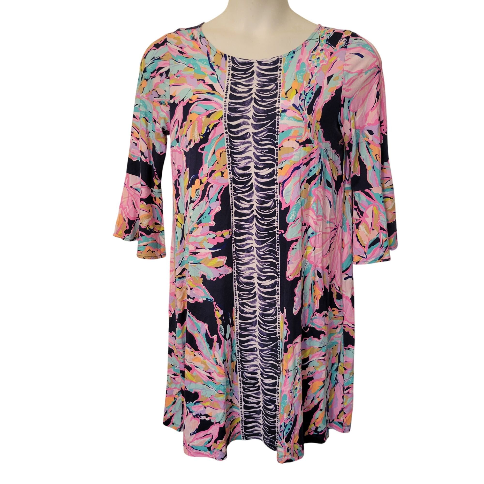 Lilly Pulitzer Lilly Pulitzer L Floral Print Dress OPHELIA Bell Sleeves Nav Size L / US 10 / IT 46 - 1 Thumbnail