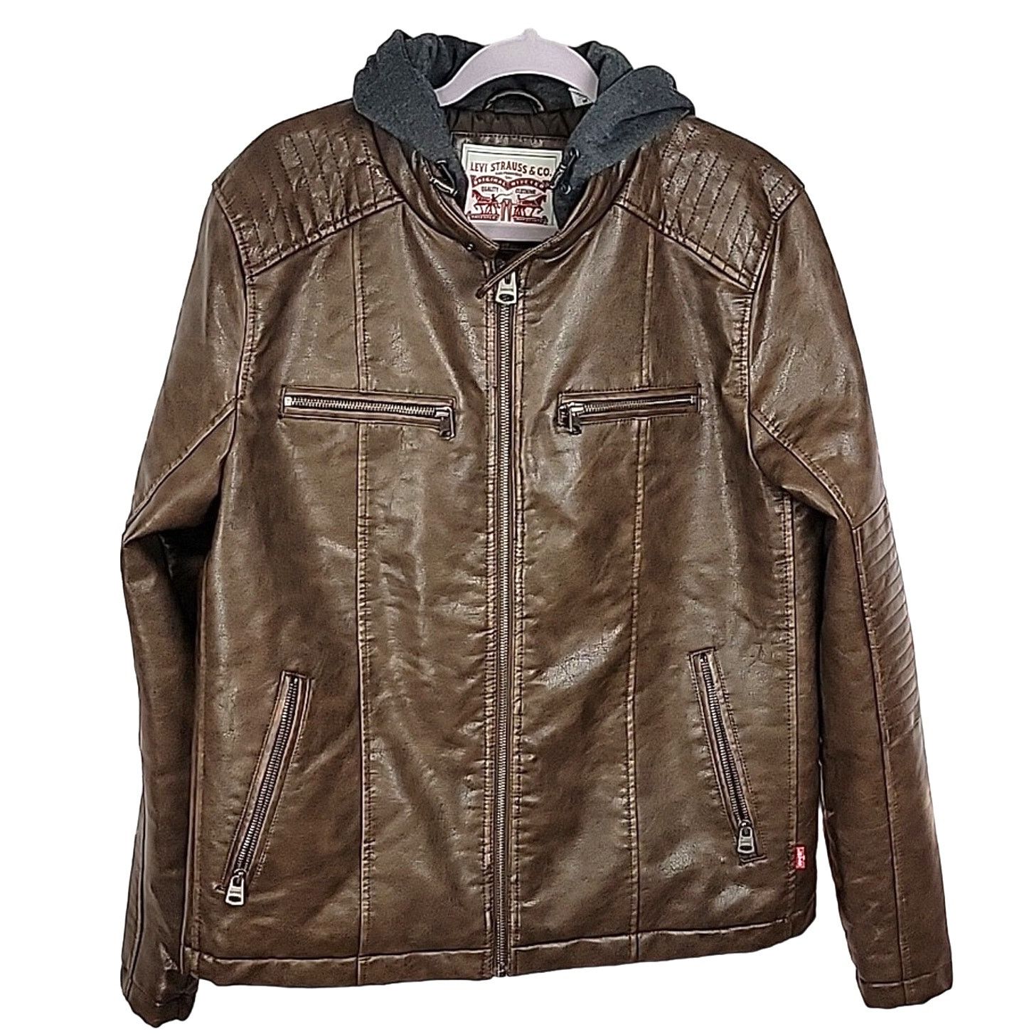 NEW Levis Brown Faux Leather deals Moto Racer Hoody Jacket w/Fleece Lining Size Large