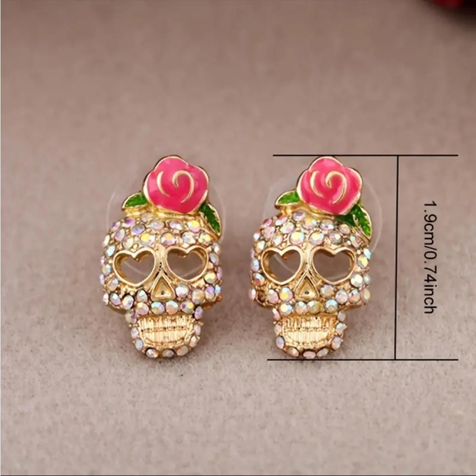 Designer Aurora Borealis Day Of The Dead Crystal Skull Earnings NWT Size ONE SIZE - 3 Thumbnail