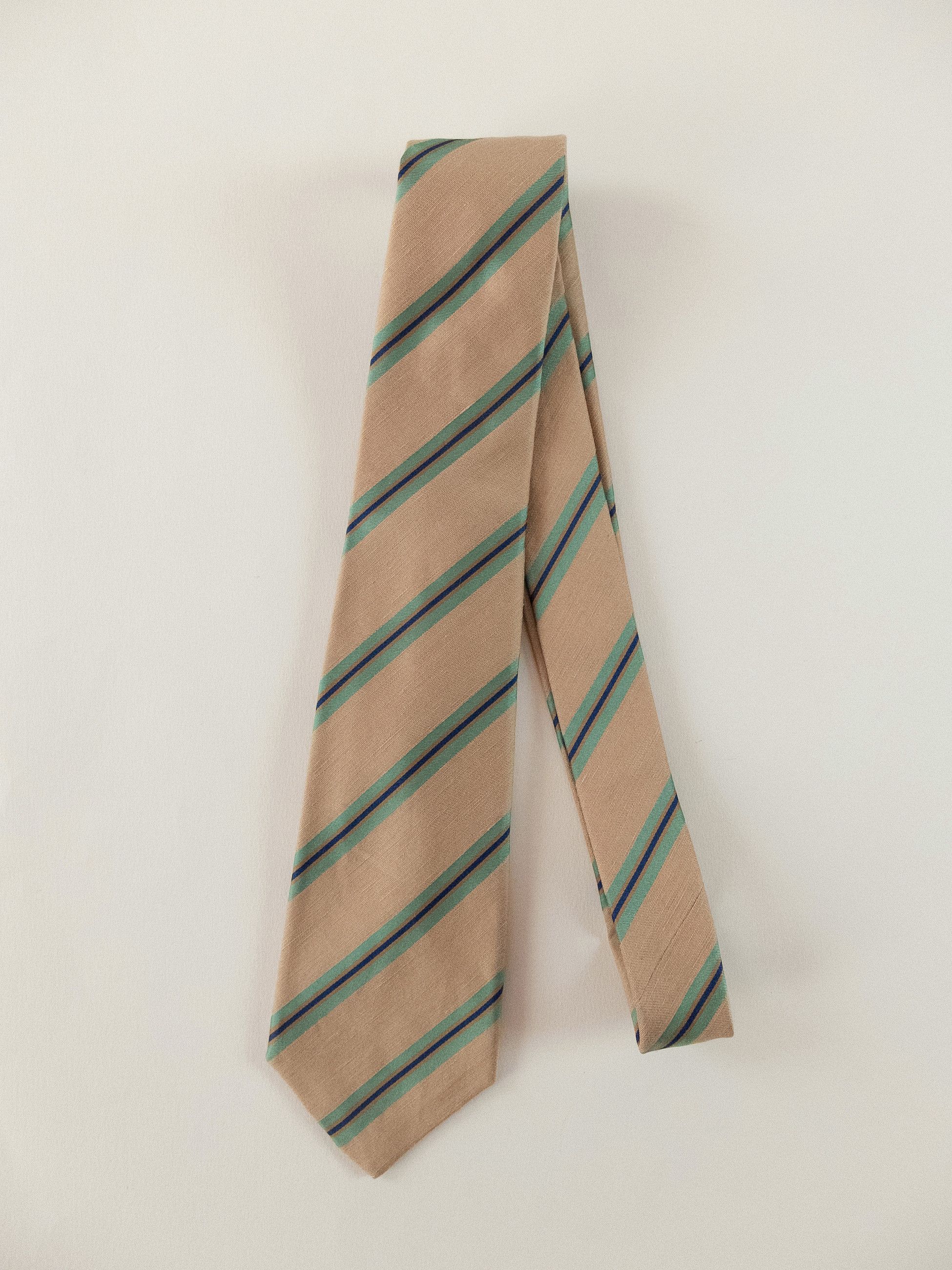 KITON Napoli hand made 7 fold beige striped silk linen tie