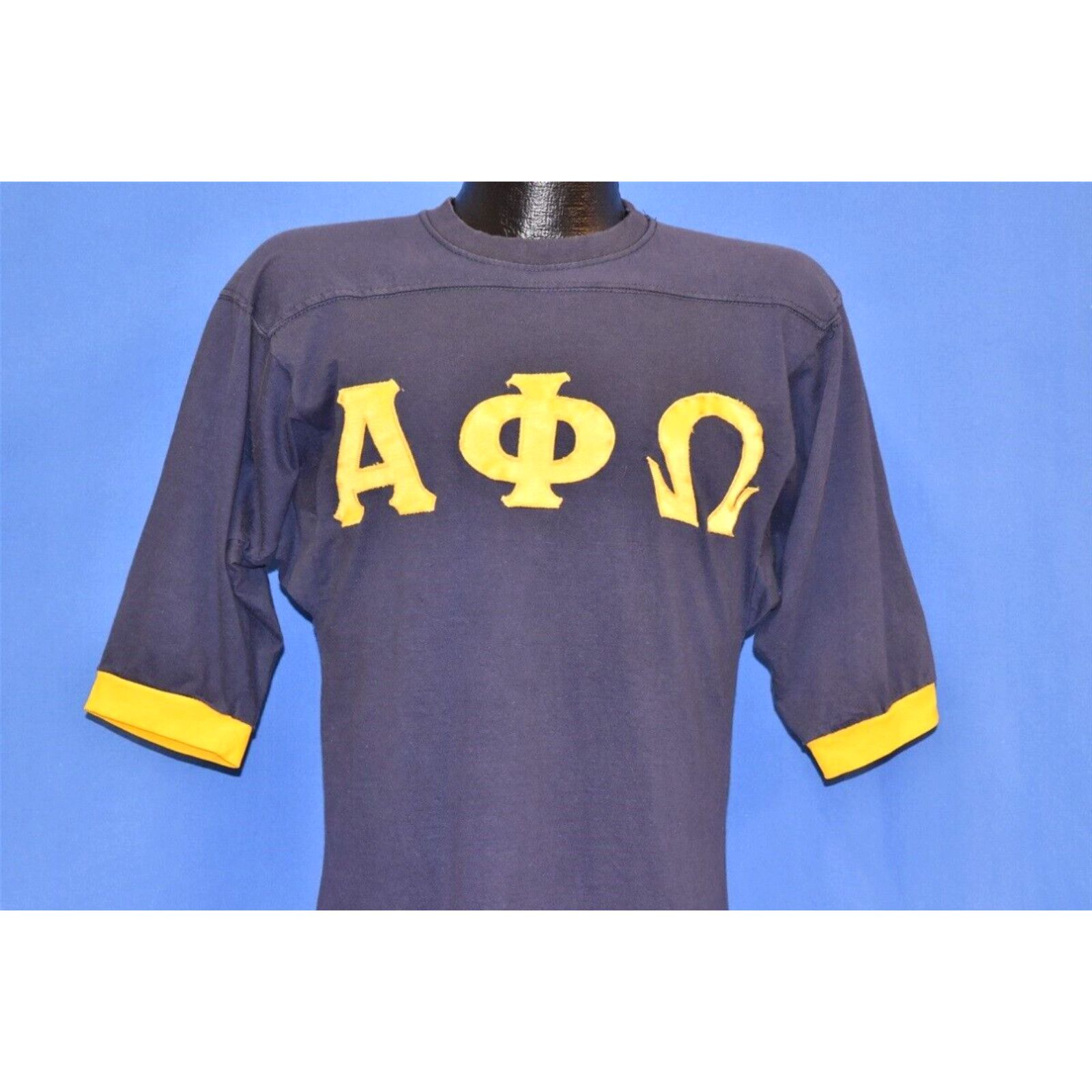 image of Russell Athletic VTG 70's Alpha Phi Omega Apo ?fo Blue Yellow 00 Jersey Ringer Debbie T-Shirt S in 