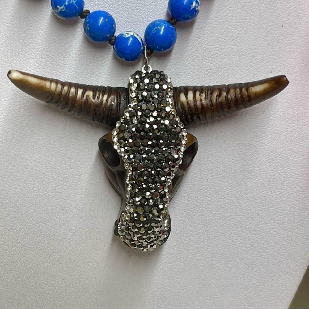 Other Boho Western Cow Skull Necklace Womens Knotted Blue Stone Size ONE SIZE - 5 Thumbnail