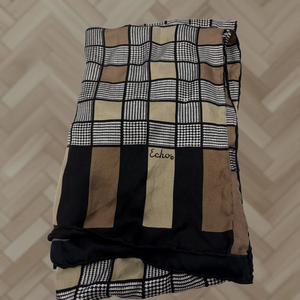 Vintage VINTAGE ECHO Silk Scarf Rectangle Scarf Women Black Brown Check Art Deco Multifunctional 44" x 14" Size ONE SIZE - 1 Thumbnail