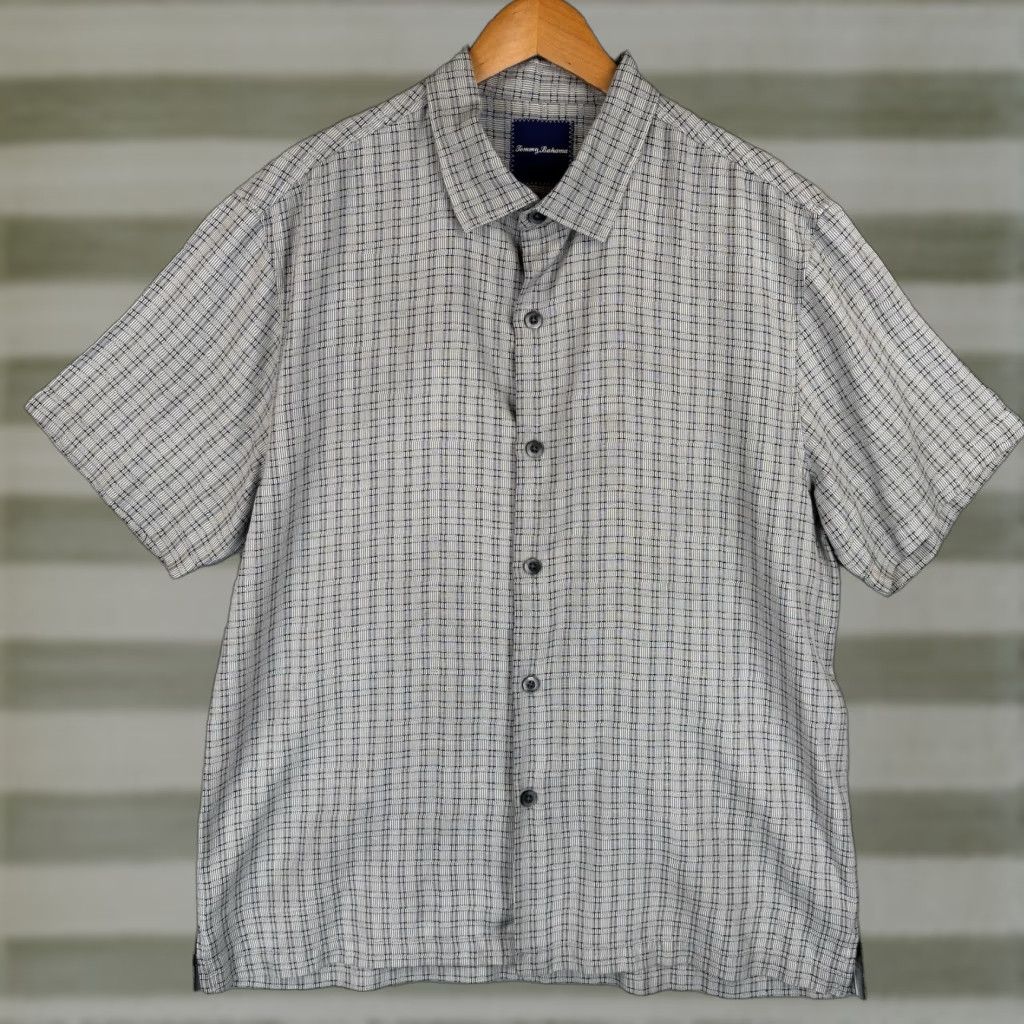 Tommy Bahama Tommy Bahama Shirt Mens XL Gray Geometric 100% Silk Short Sleeve Button-Up Collared Button Size US XL / EU 56 / 4 - 1 Thumbnail