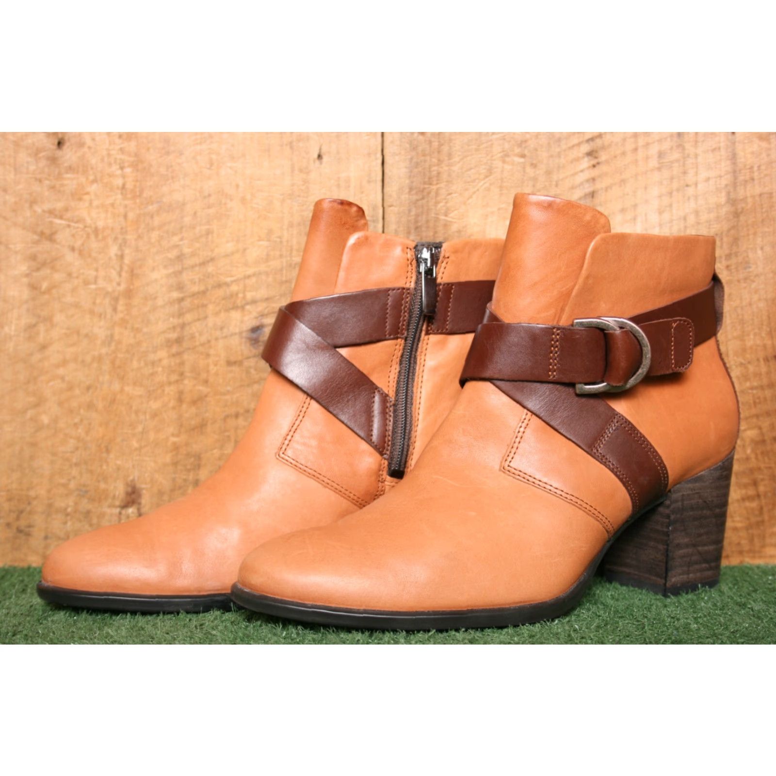 Ecco ECCO Shape 55 Cognac Brown Leather Ankle Boots w/2.75" Heels EUR 38 US 7-7.5 Womens Bootie Leather Zip Block Heel Mid Shaft Ankle Shoe Color Brown Size US 6 / IT 36 - 2 Thumbnail