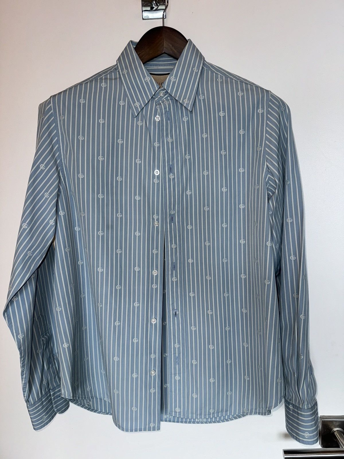 image of Gucci Blue Logo Embroidered Striped Shirt, Men's (Size Small)