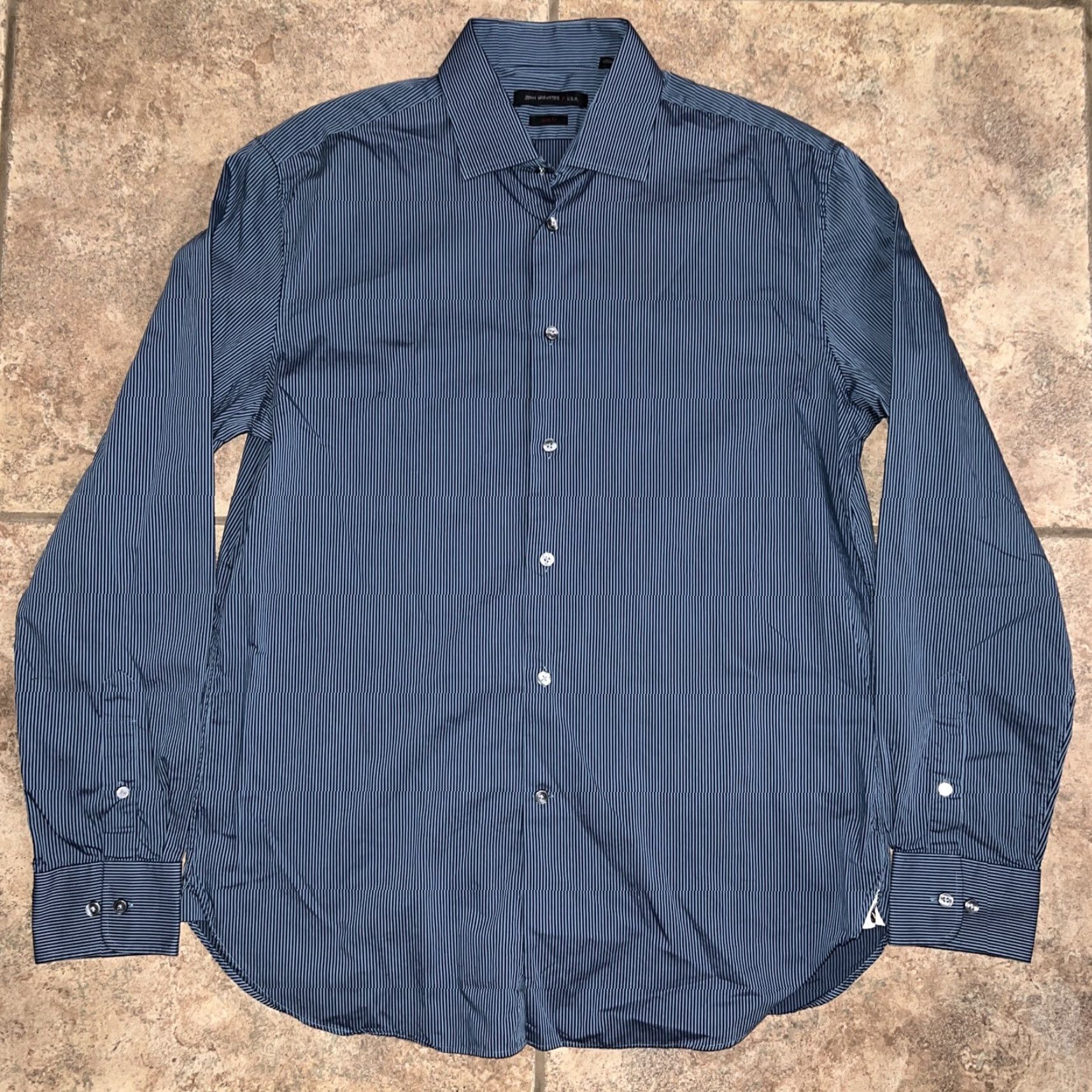 John Varvatos John Varvatos Shirt Dress Shirt Slim Fit Striped Blue Mens Size 16 M Regular Men - John Varvatos Slimming Flagship? Size US M / EU 48-50 / 2 - 2 Thumbnail