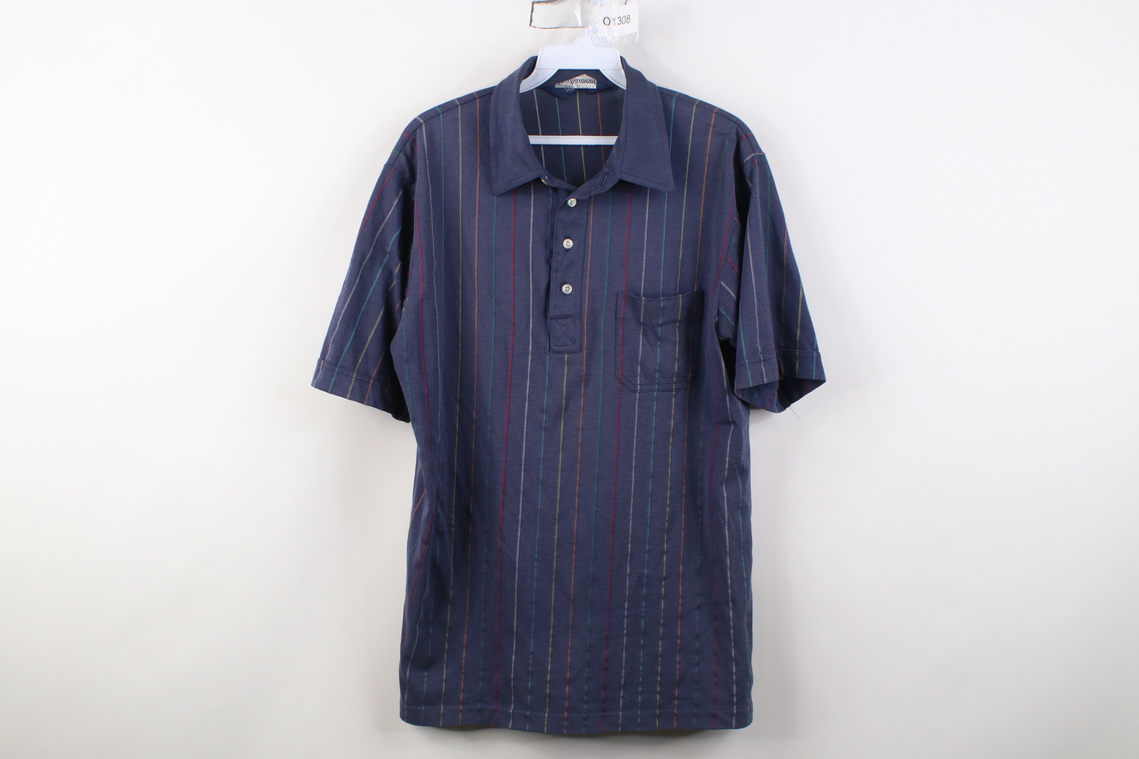 Vintage Vintage 70s 80s Streetwear Thin Rainbow Striped Knit Polo Size US L / EU 52-54 / 3 - 1 Thumbnail
