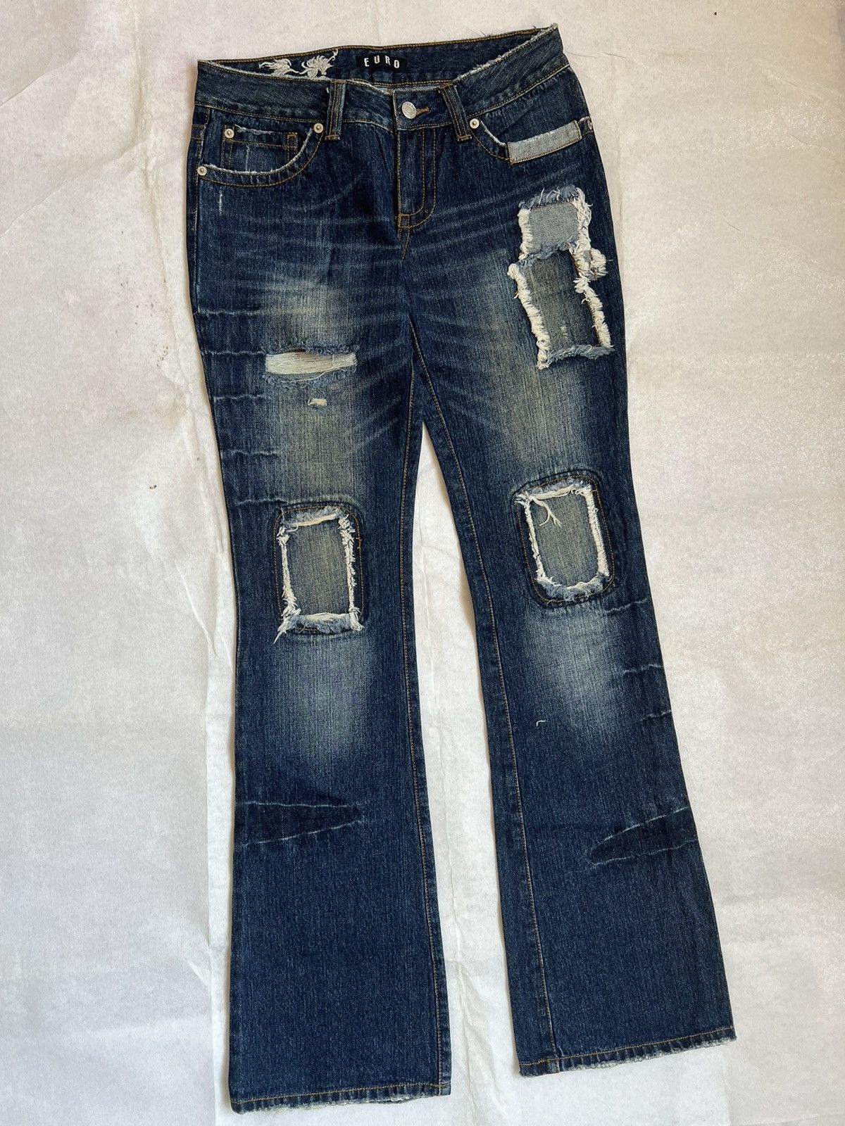 Japanese Brand Euro Distressed Patchwork Flared Jeans Wide Leg Size 29" - 3 Thumbnail