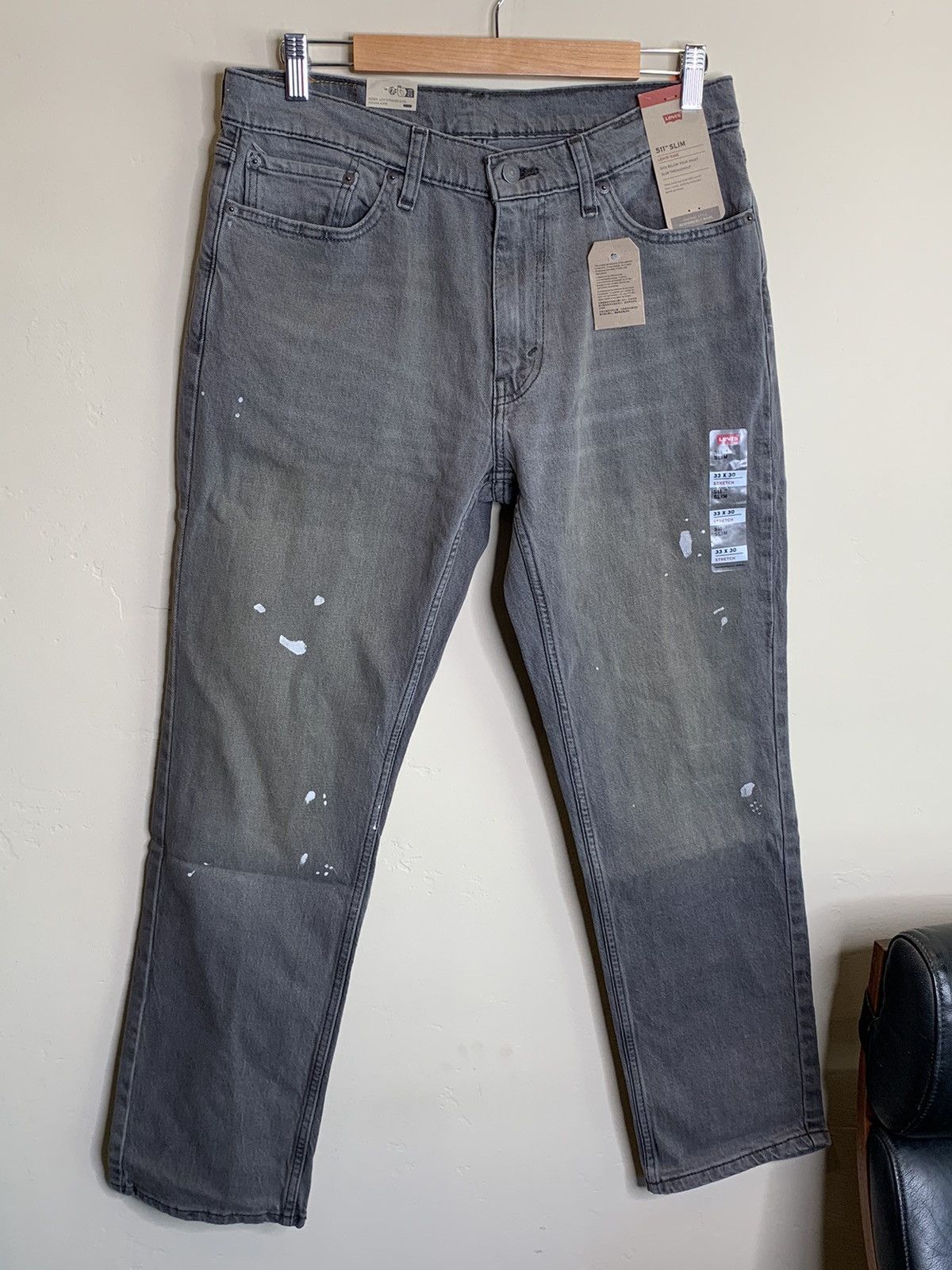 image of Levis New Levi’S Paint Splatter 511 Slim Stretch Denim Jeans in Grey, Men's (Size 33)