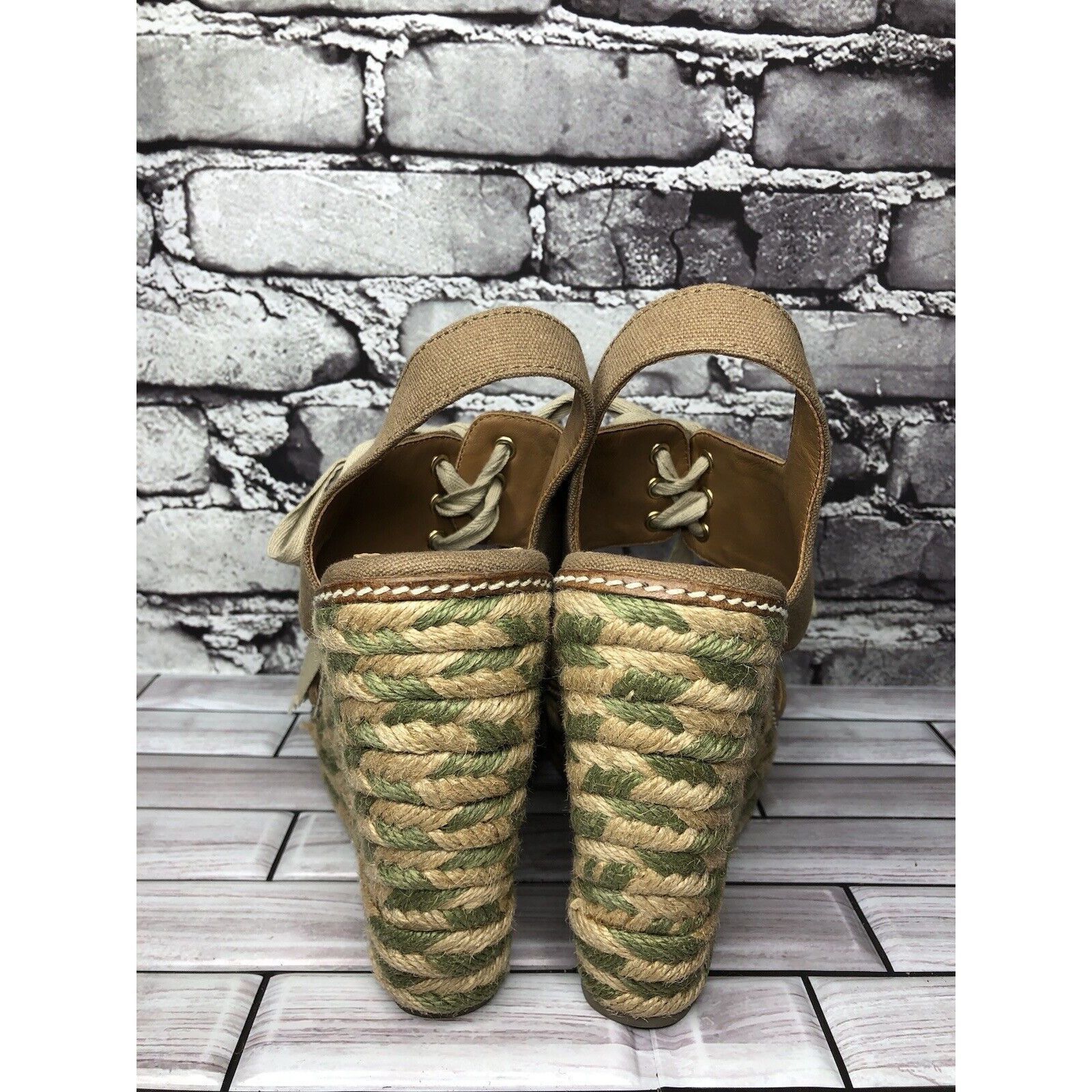 Tory Burch Tory Burch Taupe Canvas Textile Green Tan Espadrilles Wedge Size US 10 / IT 40 - 4 Thumbnail