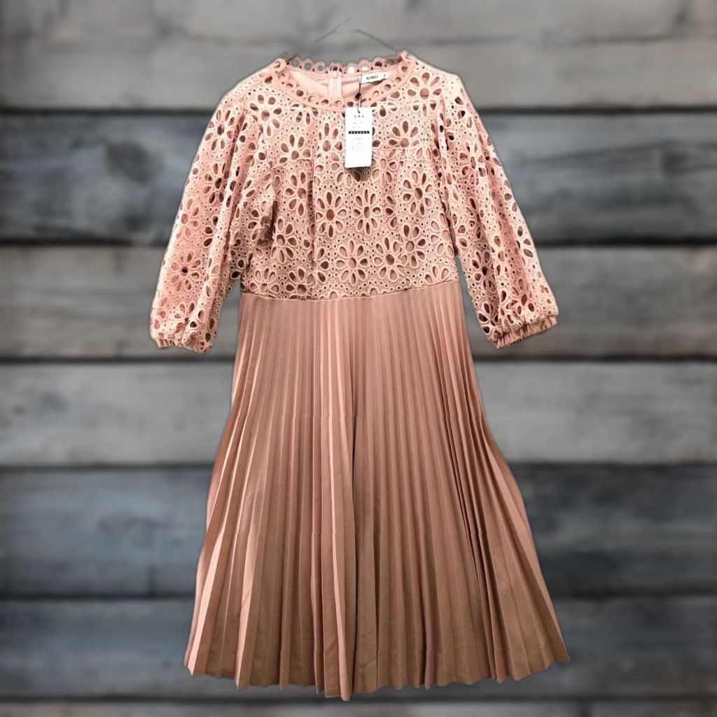 Pinko NWT AOMEI Dress Womens 1X Pink Crochet Balloon Sleeve Pleated Midi Cocktail Dress Size XL / US 12-14 / IT 48-50 - 1 Thumbnail