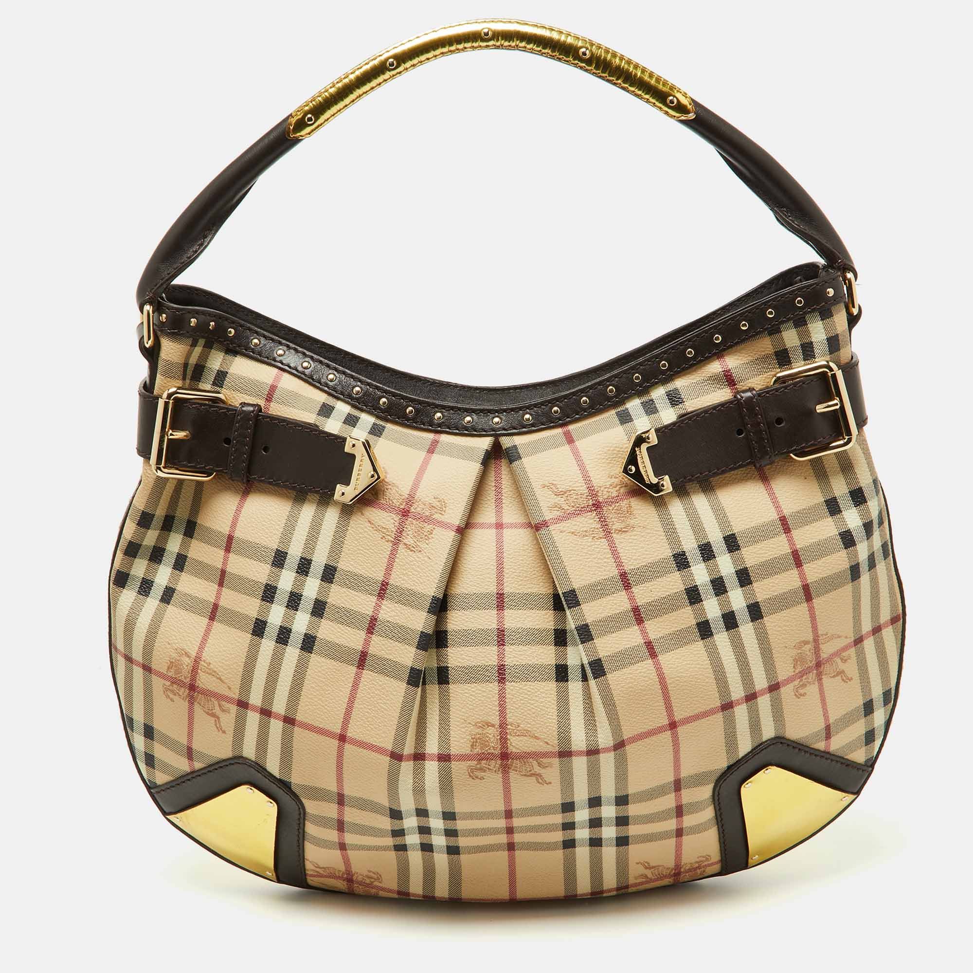image of Burberry Dark Brown/beige House Check Pvc And Leather Studded Hartley Hobo, Women's