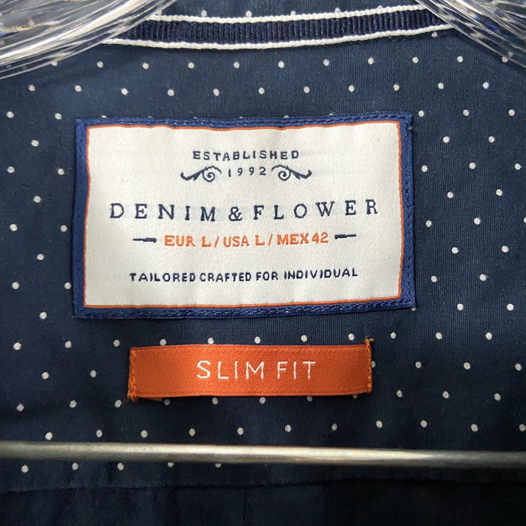 Denime DENIM & FLOWER Men's Button Up Shirt, Polka Dot, Long Sleeve, Size M, Blue, Floral Theme Size US M / EU 48-50 / 2 - 6 Thumbnail