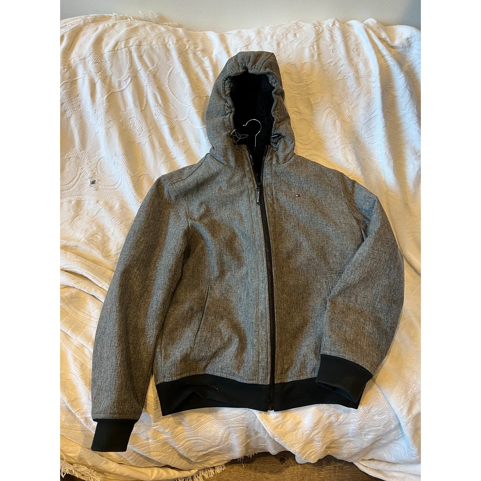 image of Tommy Hilfiger Softshell Hooded Jacket Water Wind Resistant in Grey, Men's (Size Medium)