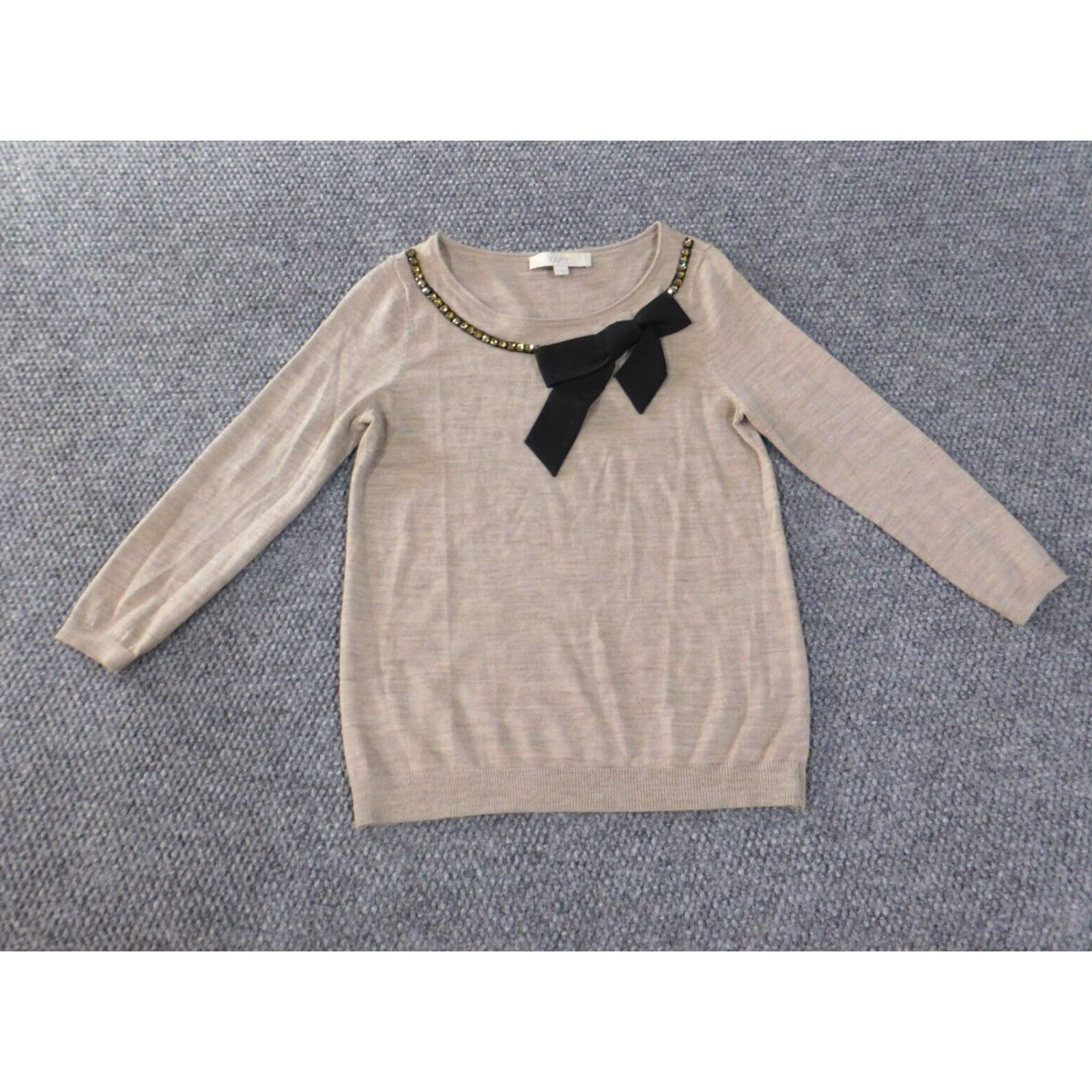 Loft LOFT Sweater Small Beige Womens Beaded Rhinestone Wool Acrylic Pullover Round Neck Long Sleeve Knit Regular Size S Casual Modern Designer Fall Winter Size S / US 4 / IT 40 - 2 Thumbnail