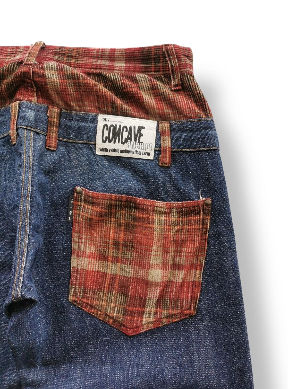 Kapital Concave Attempt Patchwork Jeans – Red Plaid Pocket Y2K Denim Size US 33 - 6 Thumbnail