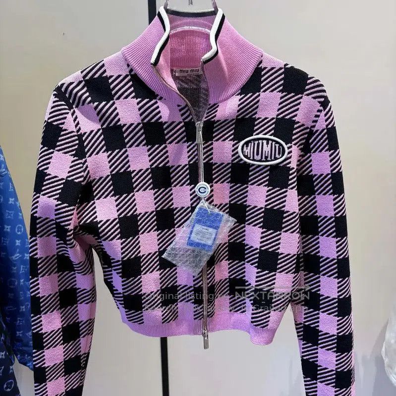 Miu Miu Miu Miu Pink Checkered Cropped Cardigan . Size S / US 4 / IT 40 - 1 Thumbnail