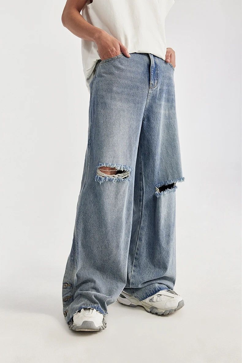 image of Ripped Distressed Washed Wide-Leg Jeans in Blue, Men's (Size 31)