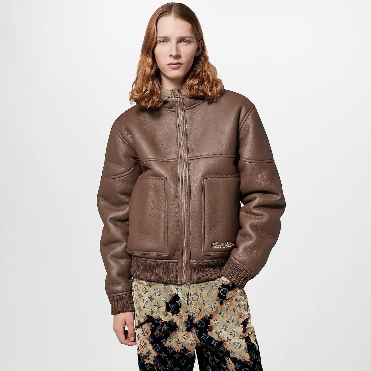 image of Leather Jacket x Louis Vuitton Jacket Leather Monogram Varsity Denim 1Afain in Brown (Size XS)