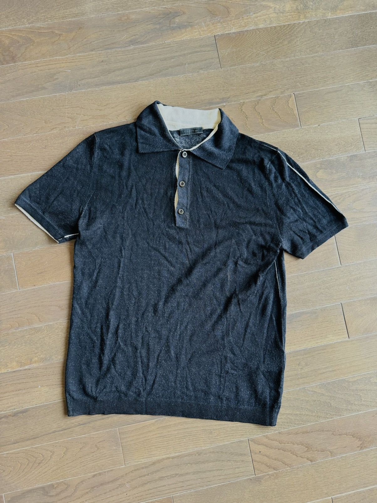 Prada Prada Black knit Polo w/white contrast overydye paint effect Size US M / EU 48-50 / 2 - 9 Thumbnail