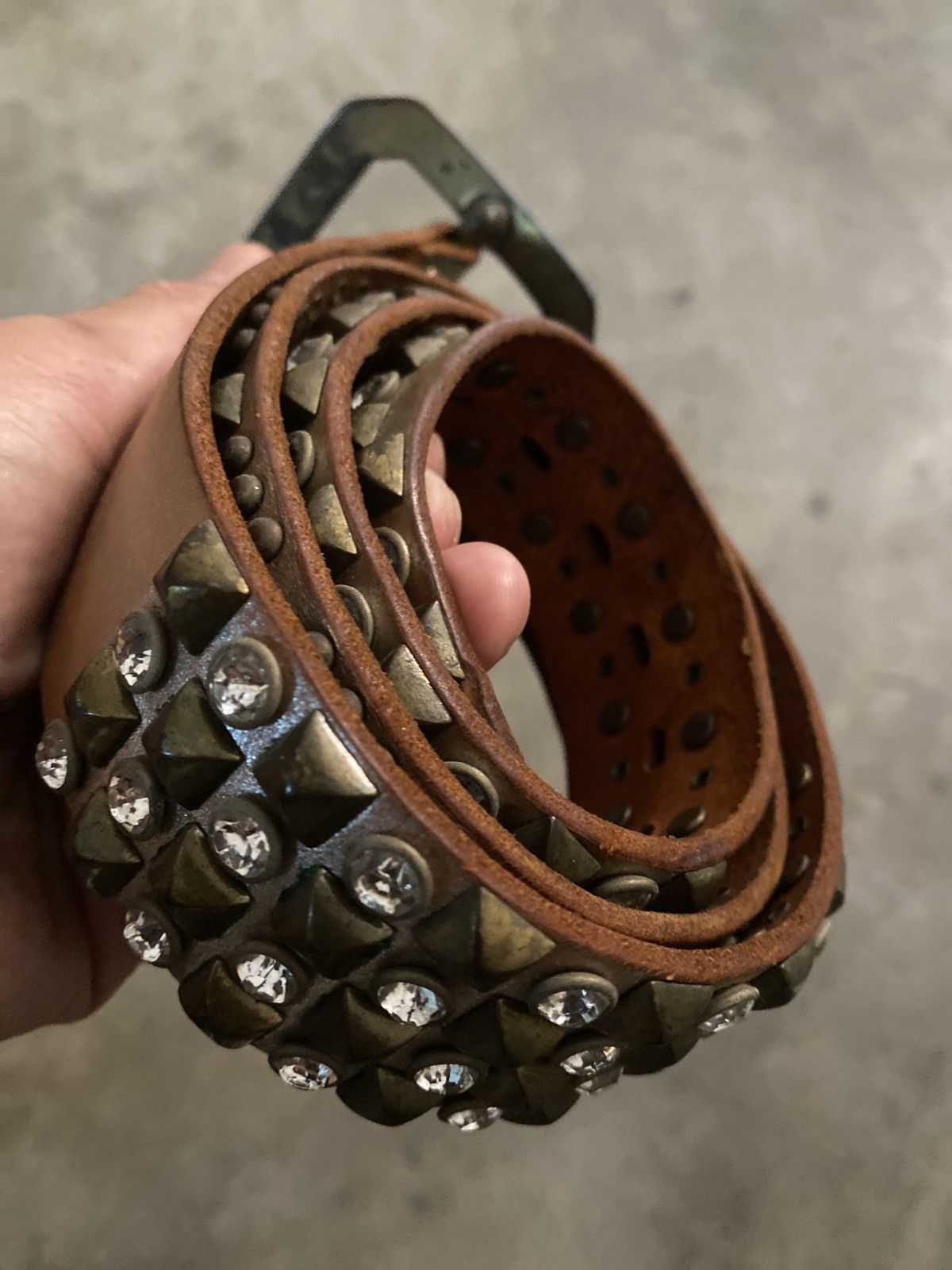 image of Seditionaries Diavlo Big Rhinestone Pendant Studded Leather Belt in Brown, Men's (Size 34)