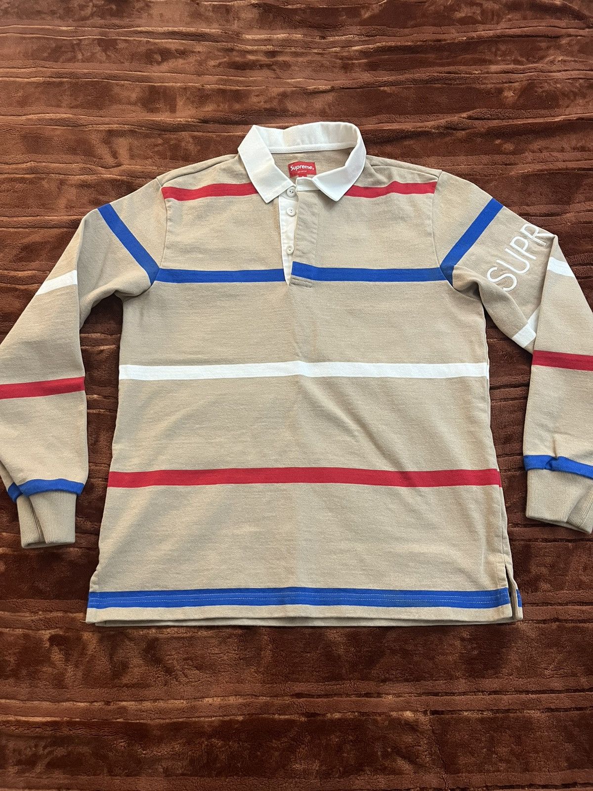 image of Supreme Tan Striped Rugby Polo Fw16 Size S Small in Beige, Men's