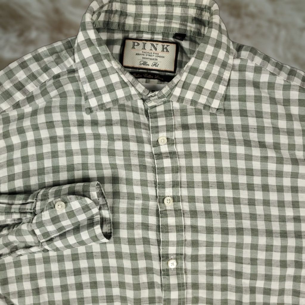Thomas Pink Shirt Men 16.5 Gray Linen Dress Button-Up Long Sleeve