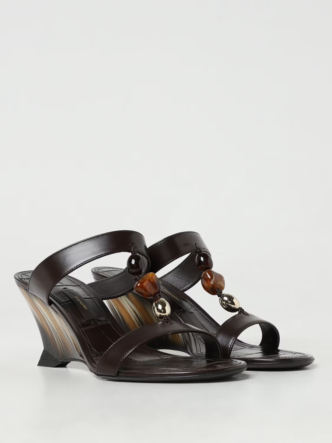 Salvatore Ferragamo o1s1rm0924 Beaded Wedge Slides in Chocolate Brown Size US 6.5 / IT 36.5 - 2 Thumbnail
