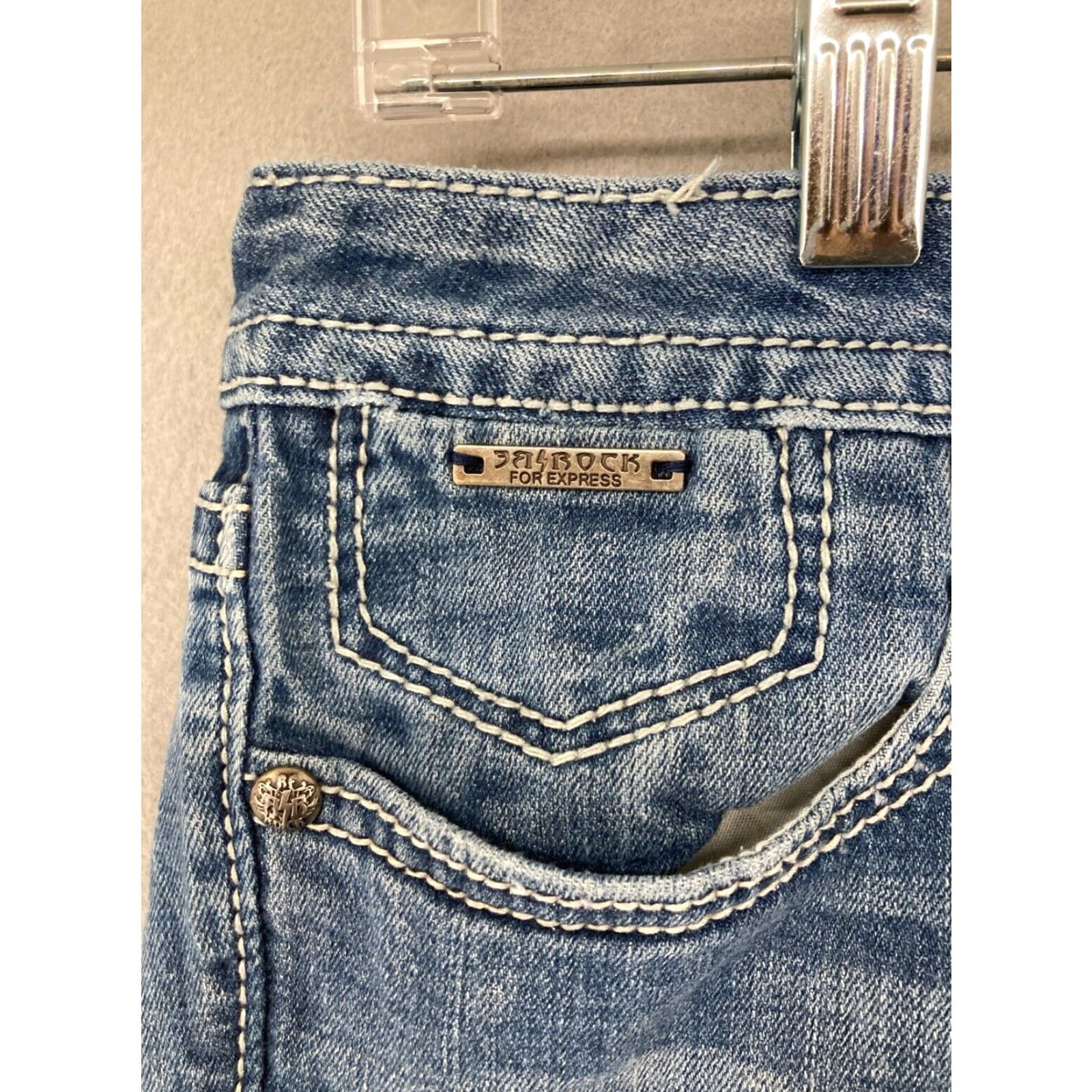 Express Express Bootcut Jeans Womens 32 Low Rise Distressed Thick Stitch Blue Cotton Blend Size 24" / US 00 / IT 34 - 7 Thumbnail