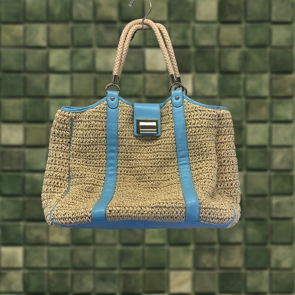 Talbots VINTAGE Talbots Paper Straw Woven Bag Shoulder Bag Womens Teal Blue Leather Trim Gold Accents Size ONE SIZE - 1 Thumbnail